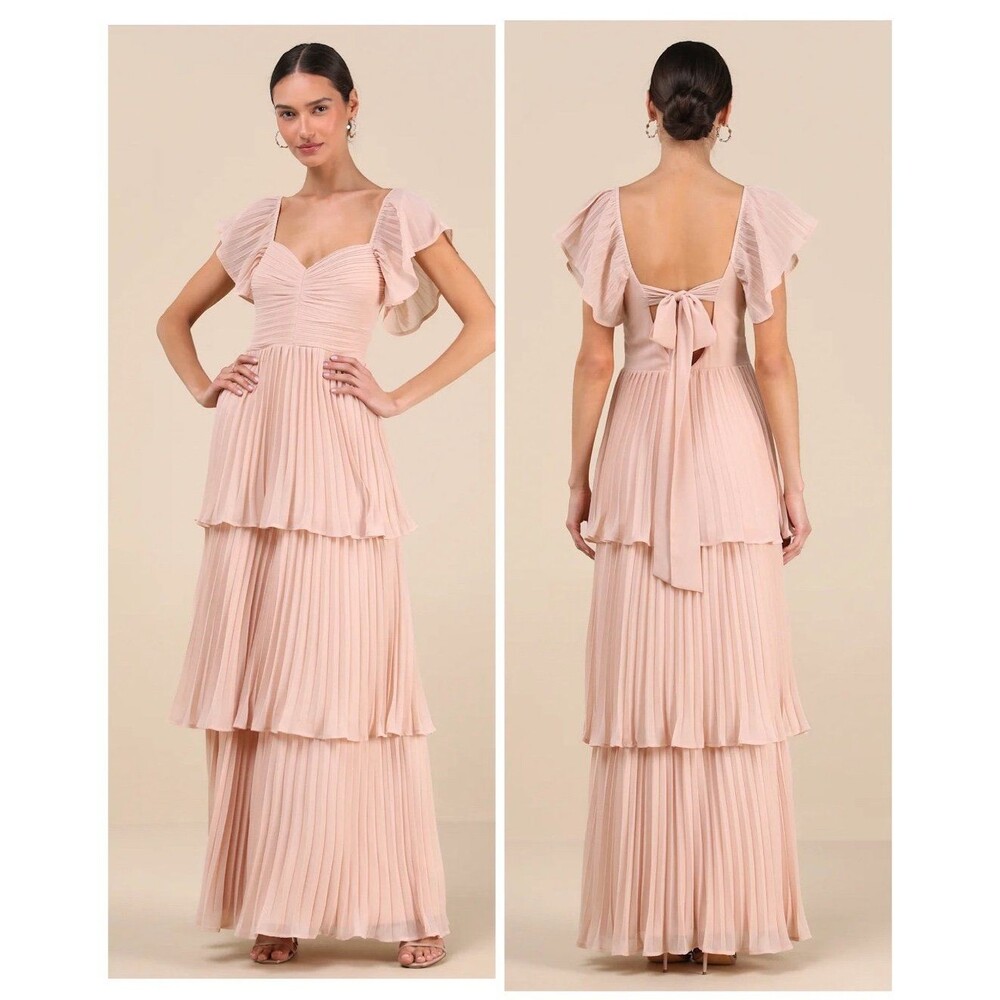 Lulus Notorious Charm Blush Pleated Flutter Sleeve Maxi Dress Size XS Formal